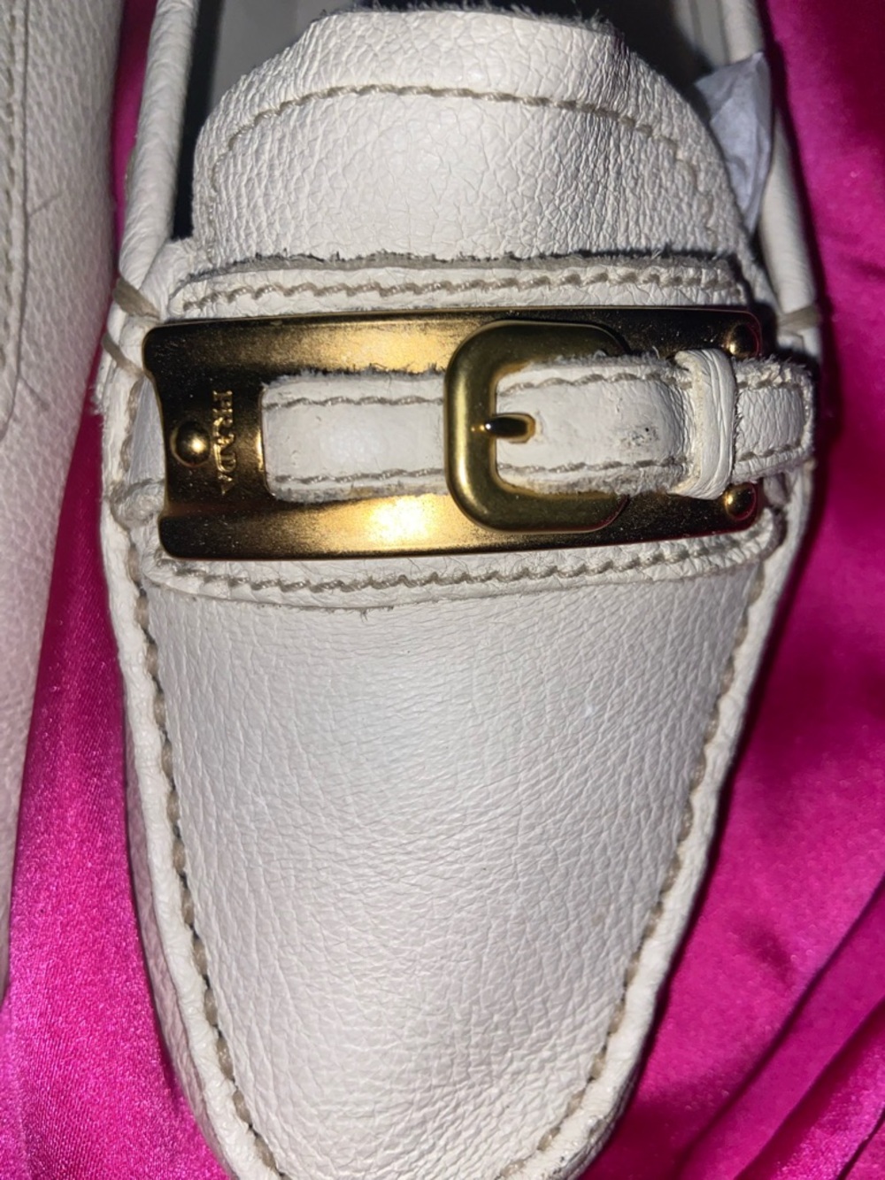 Prada White Leather Loafers with Gold Buckle Accent - Picture 5 of 10